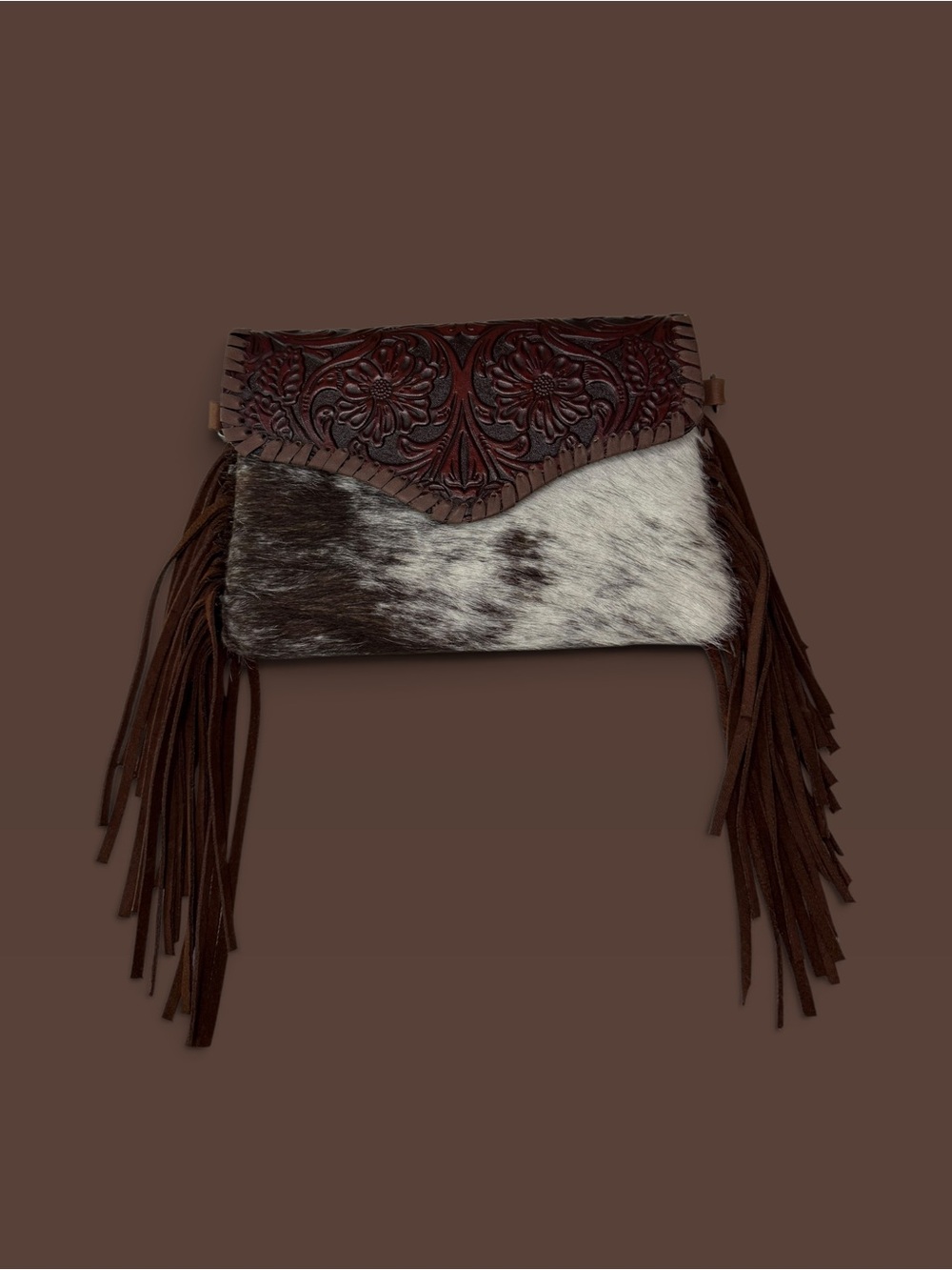 Handcrafted Brown Tooled Leather & Hair-on-Hide Fringe Crossbody Bag